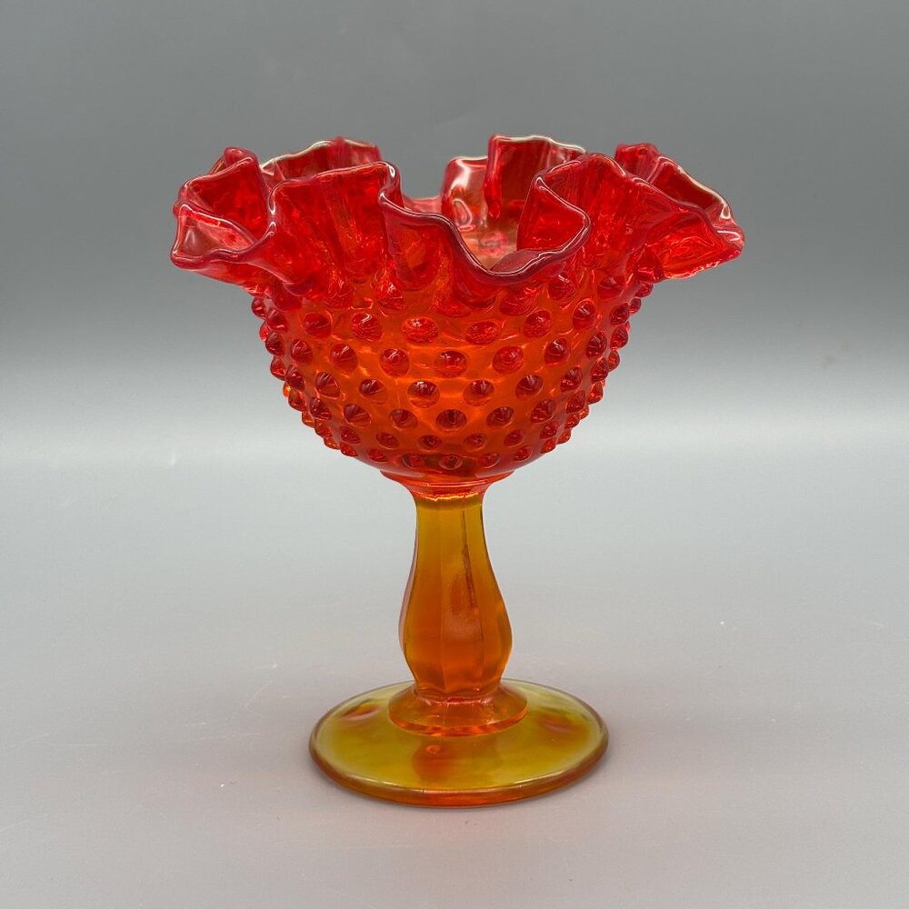 Vintage Fenton Amberina Hobnail Compote Pedestal Bowl Ruffled Trim | UV Cadmium